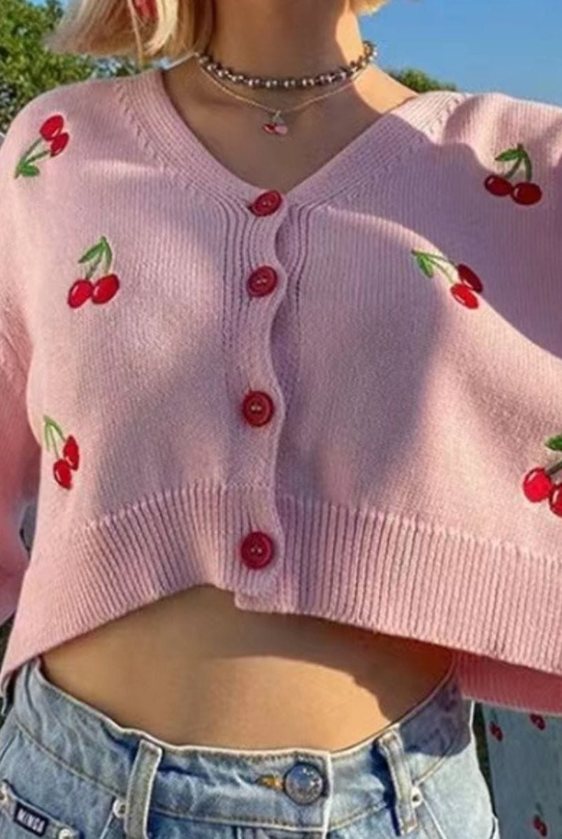 Cherry Button Down Cardigan-Tops-Krush Kandy, Women's Online Fashion Boutique Located in Phoenix, Arizona (Scottsdale Area)