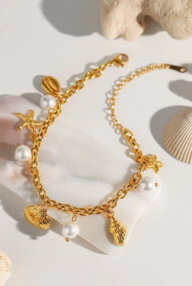 Ocean Theme Stainless Steel Chain Bracelet with Seashell and Starfish Pendants-Bracelets-Krush Kandy, Women's Online Fashion Boutique Located in Phoenix, Arizona (Scottsdale Area)