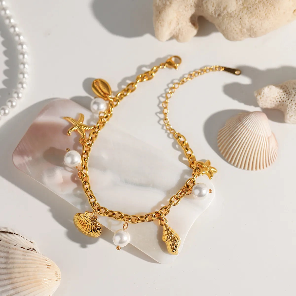 Ocean Theme Stainless Steel Chain Bracelet with Seashell and Starfish Pendants-Bracelets-Krush Kandy, Women's Online Fashion Boutique Located in Phoenix, Arizona (Scottsdale Area)