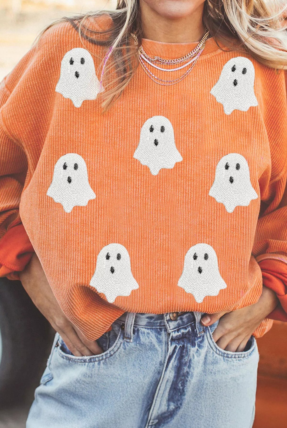 Halloween Ghost Sequin Patched Twisted Ribbed Texture Sweatshirt-Sweaters-Krush Kandy, Women's Online Fashion Boutique Located in Phoenix, Arizona (Scottsdale Area)