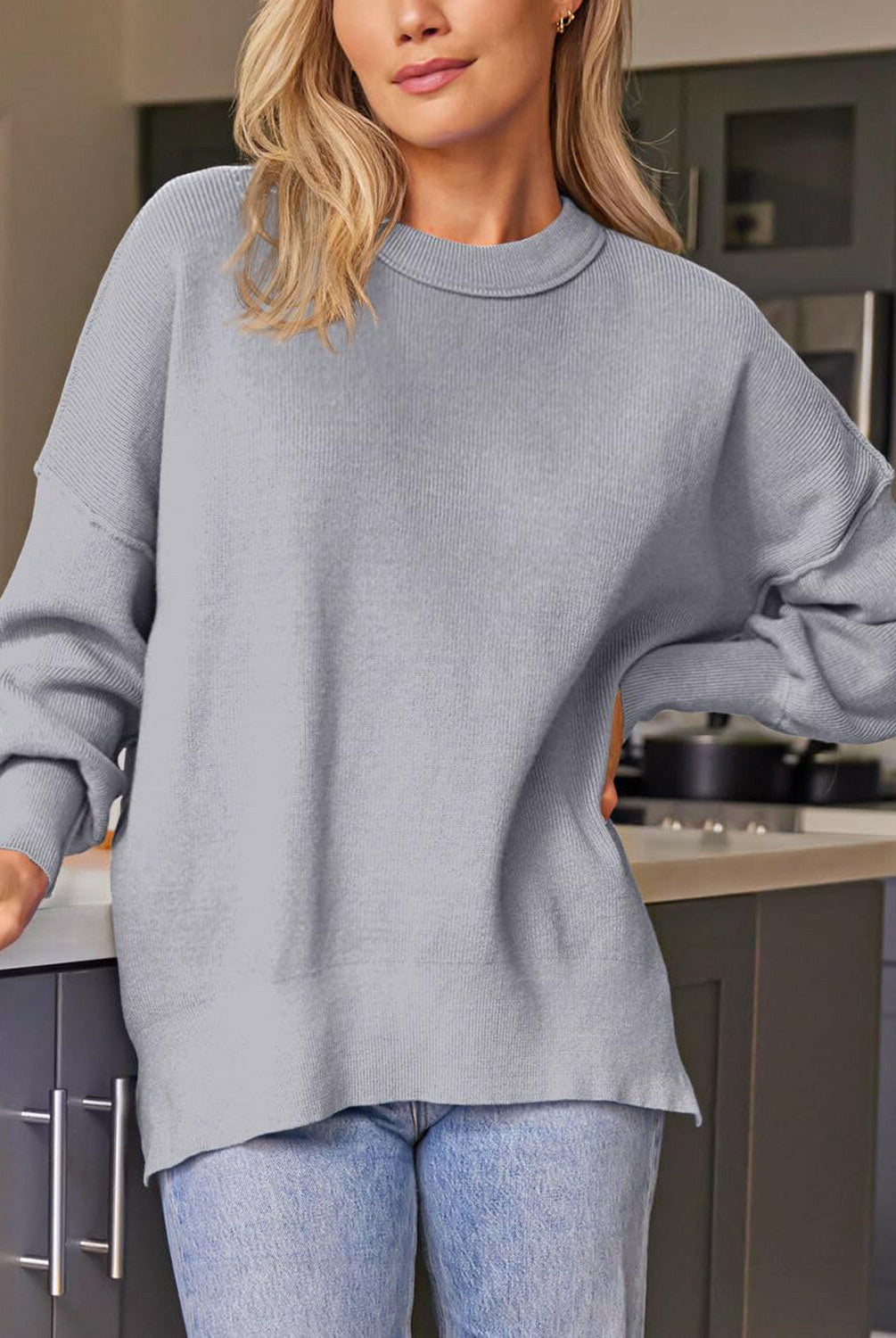 Slit Round Neck Dropped Shoulder Sweater-Krush Kandy, Women's Online Fashion Boutique Located in Phoenix, Arizona (Scottsdale Area)