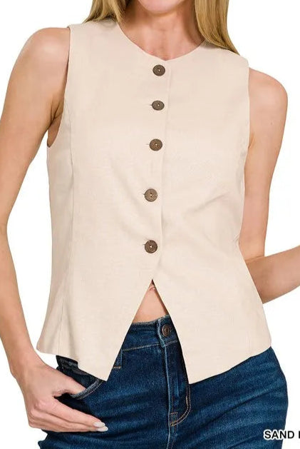 Linen Button Down Vest-Vests-Krush Kandy, Women's Online Fashion Boutique Located in Phoenix, Arizona (Scottsdale Area)