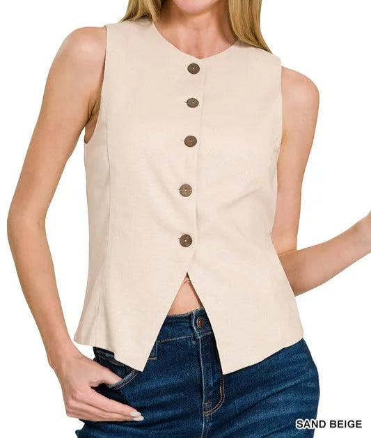 Linen Button Down Vest-Vests-Krush Kandy, Women's Online Fashion Boutique Located in Phoenix, Arizona (Scottsdale Area)