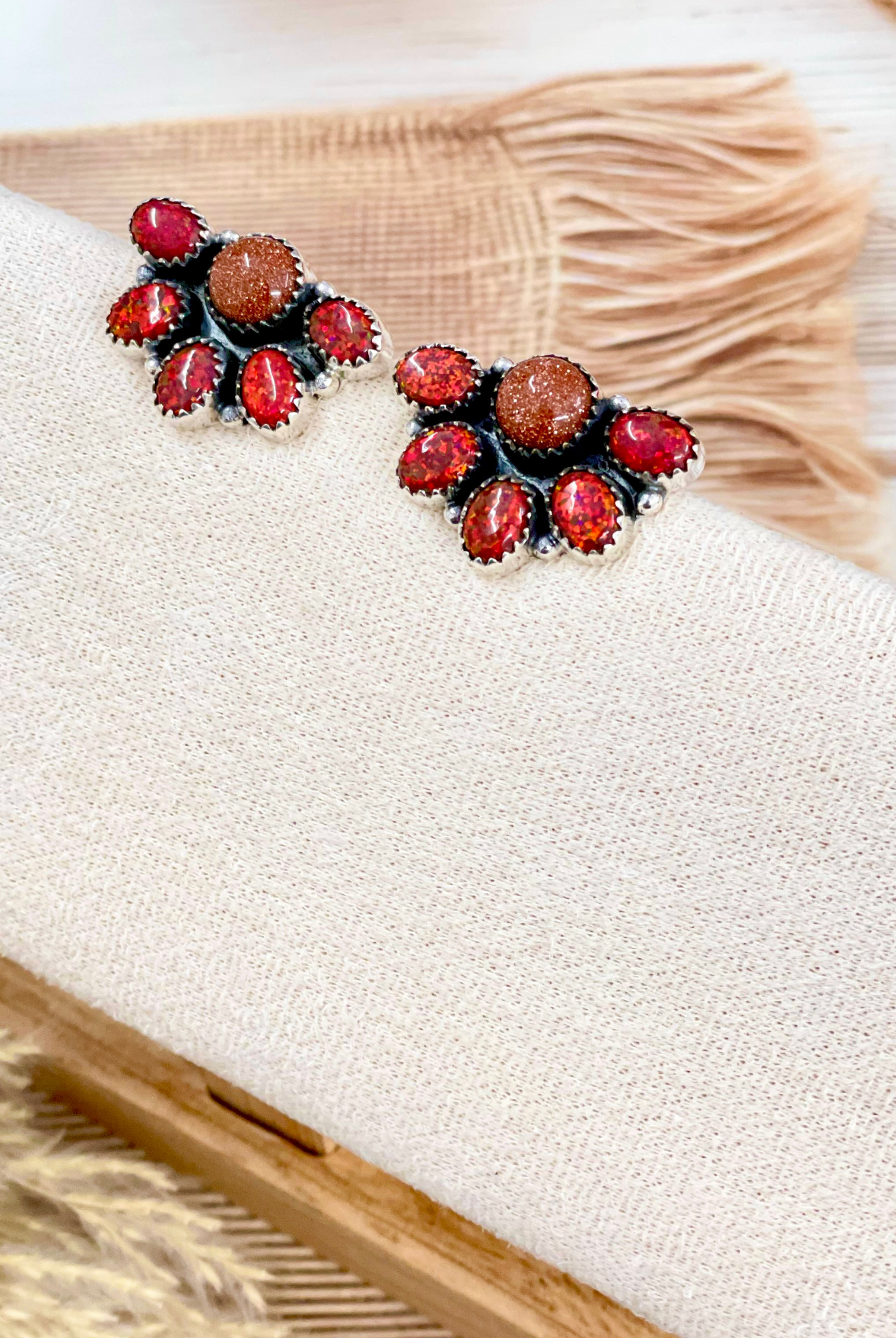 Red Opal & Sunstone Half Cluster Earrings-Stud Earrings-Krush Kandy, Women's Online Fashion Boutique Located in Phoenix, Arizona (Scottsdale Area)