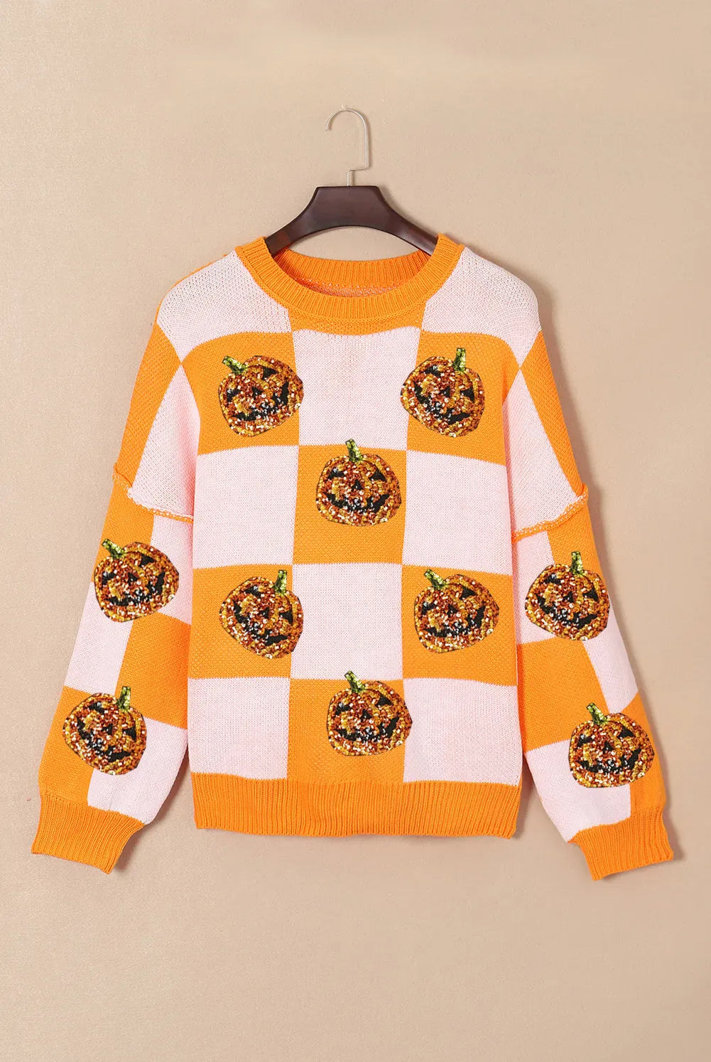 Pumpkin Checkered Round Neck Long Sleeve Sweater-Sweater-Krush Kandy, Women's Online Fashion Boutique Located in Phoenix, Arizona (Scottsdale Area)
