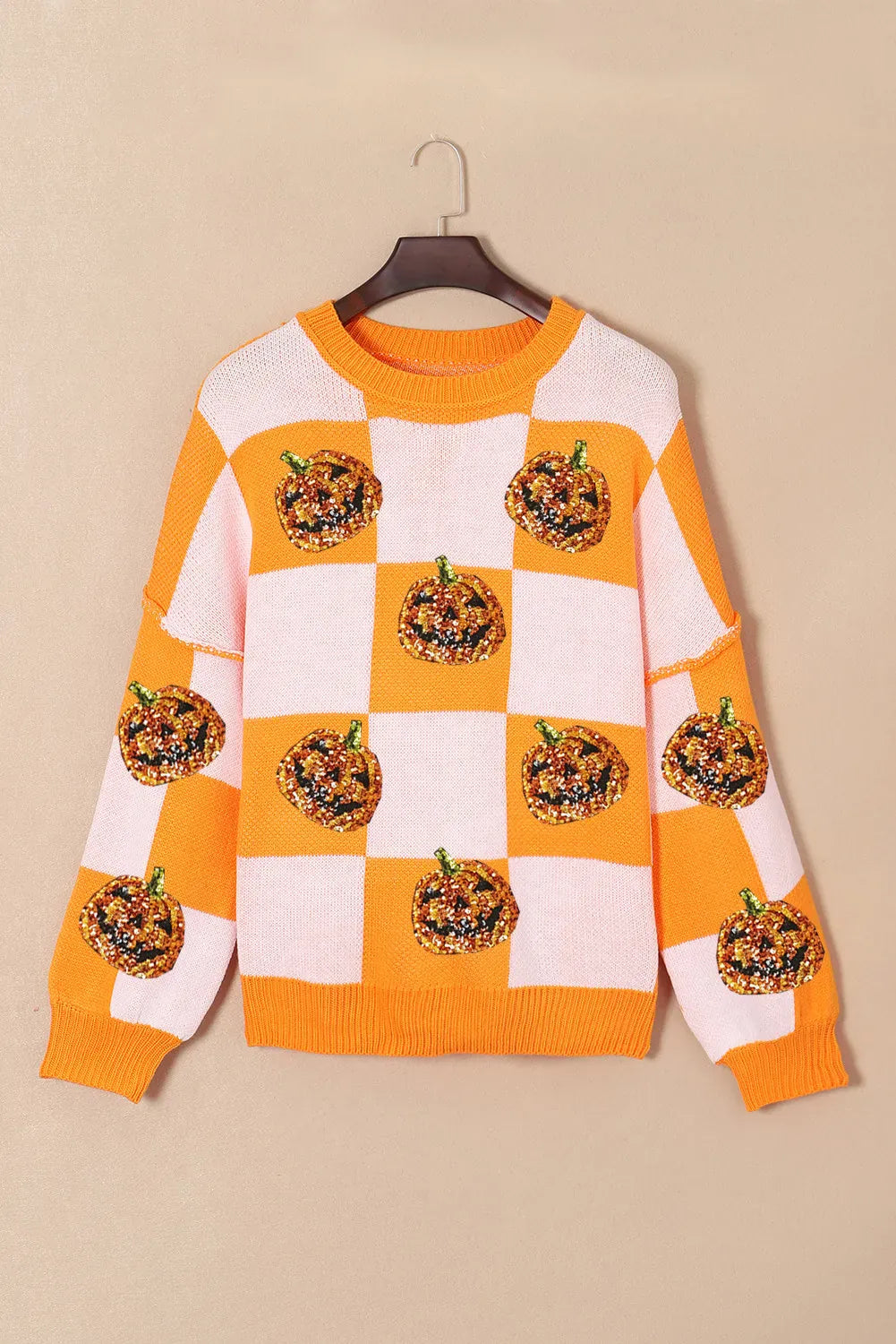Pumpkin Checkered Round Neck Long Sleeve Sweater-Sweater-Krush Kandy, Women's Online Fashion Boutique Located in Phoenix, Arizona (Scottsdale Area)