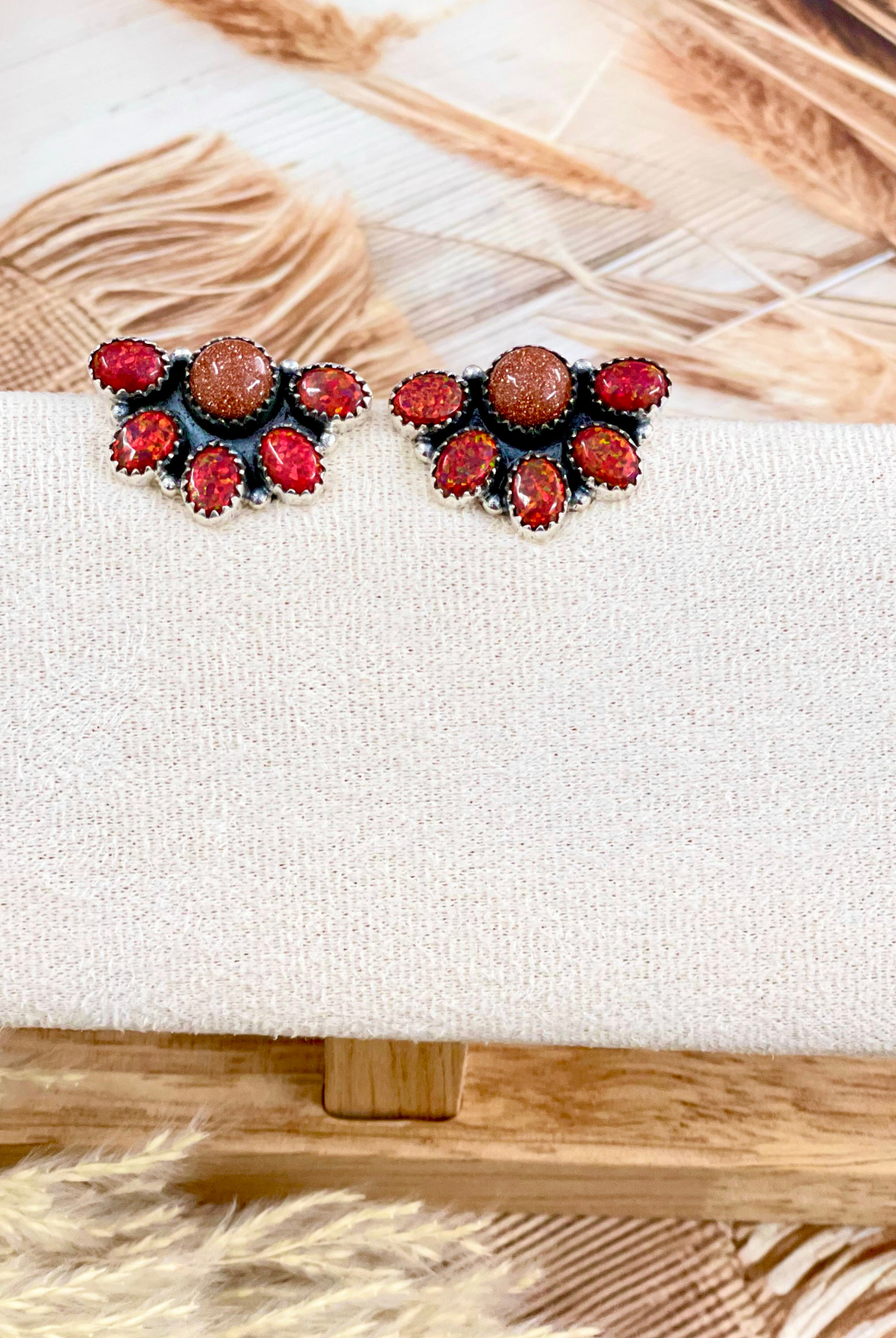 Red Opal & Sunstone Half Cluster Earrings-Stud Earrings-Krush Kandy, Women's Online Fashion Boutique Located in Phoenix, Arizona (Scottsdale Area)