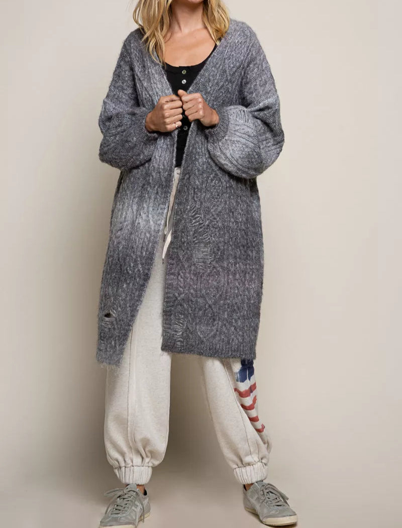 POL Distressed Cable-Knit Ombre Dying Cardigan-Cardigan-Krush Kandy, Women's Online Fashion Boutique Located in Phoenix, Arizona (Scottsdale Area)