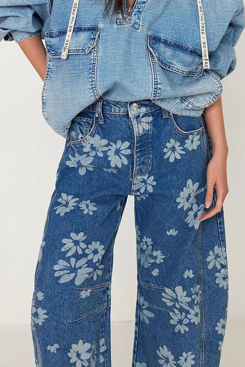 Flower Print Wide Leg Jeans-Denim-Krush Kandy, Women's Online Fashion Boutique Located in Phoenix, Arizona (Scottsdale Area)