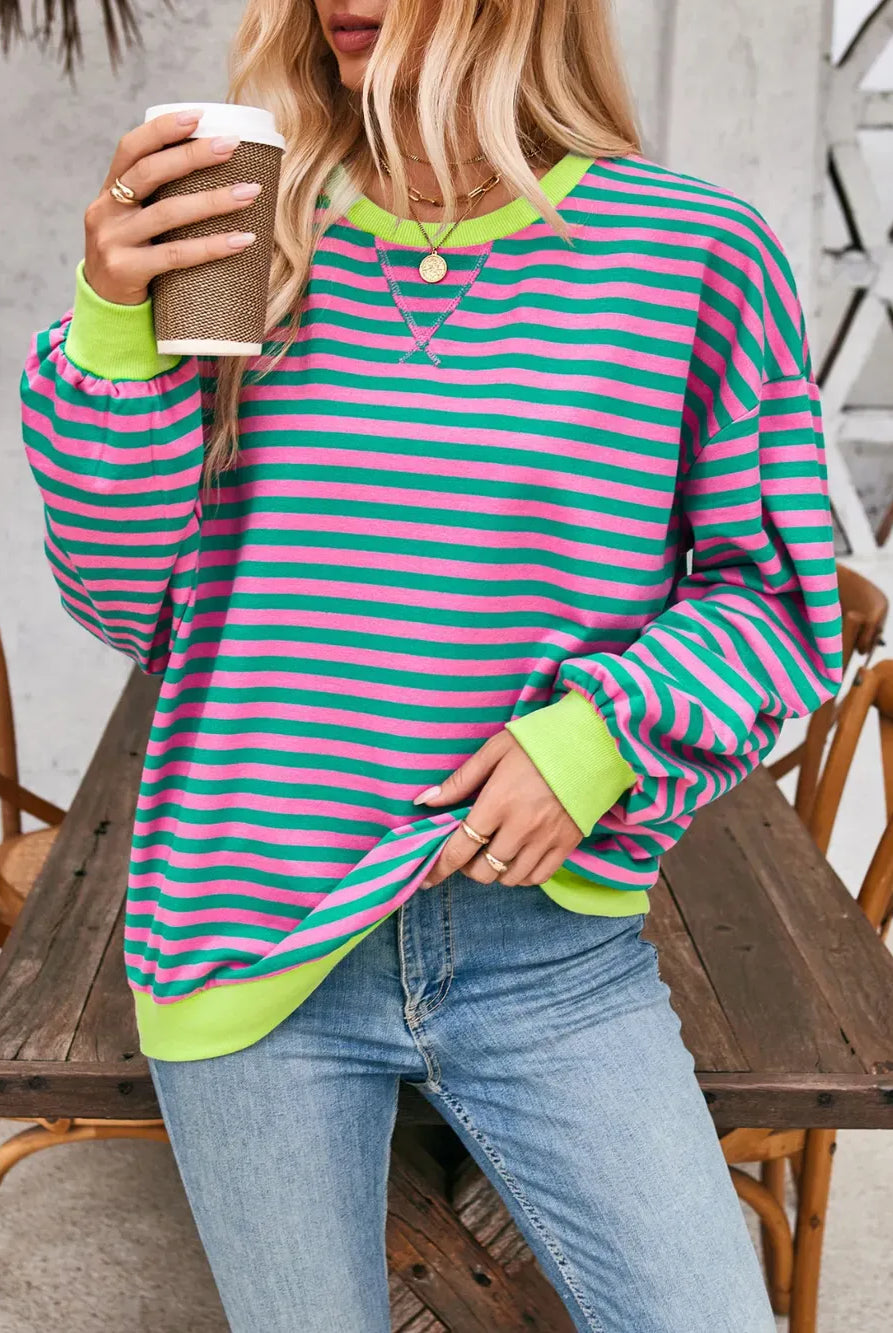 Lovelet Contrast Striped Long Sleeve Sweatshirt-Sweaters-Krush Kandy, Women's Online Fashion Boutique Located in Phoenix, Arizona (Scottsdale Area)
