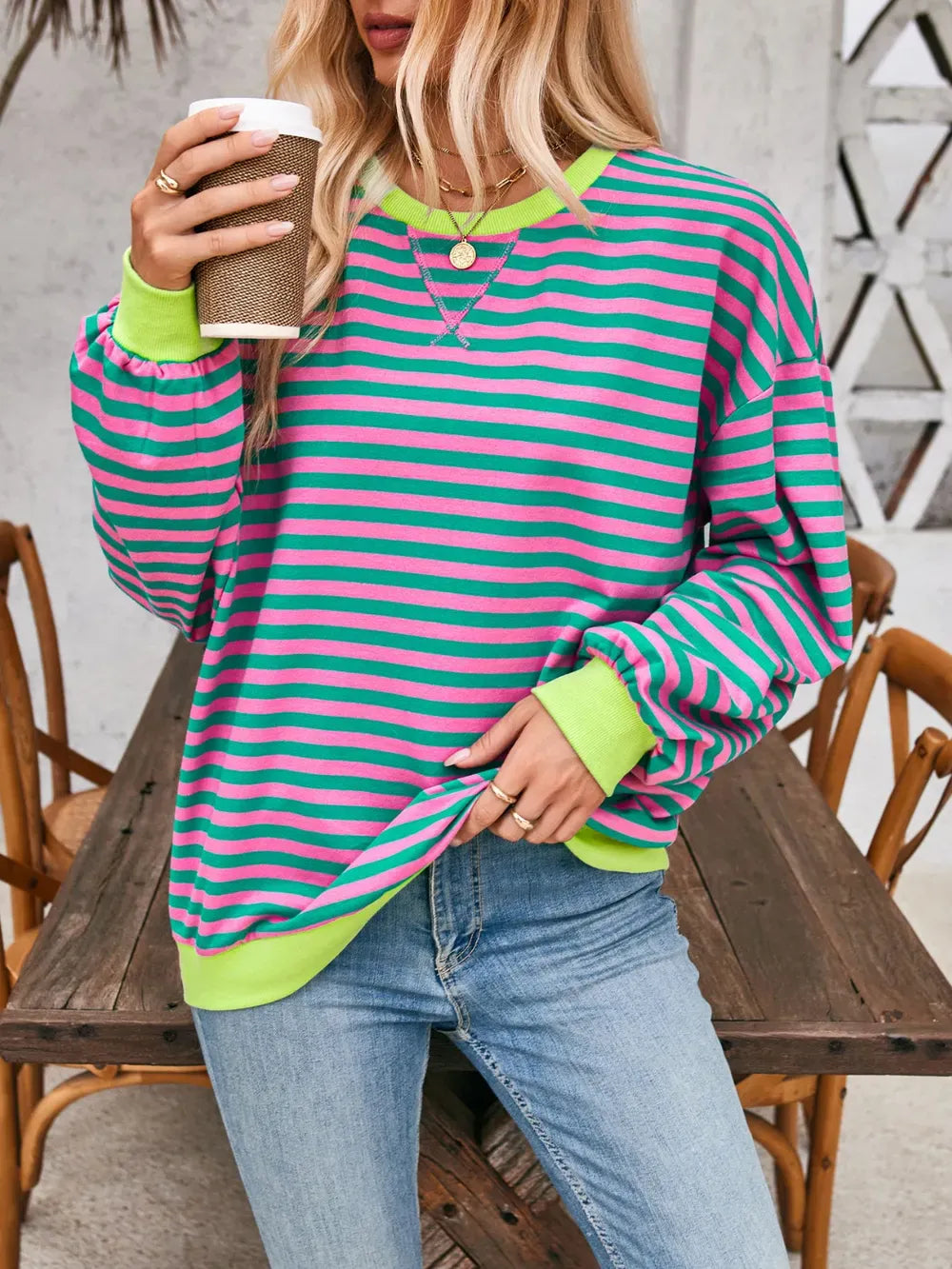 Lovelet Contrast Striped Long Sleeve Sweatshirt-Sweaters-Krush Kandy, Women's Online Fashion Boutique Located in Phoenix, Arizona (Scottsdale Area)