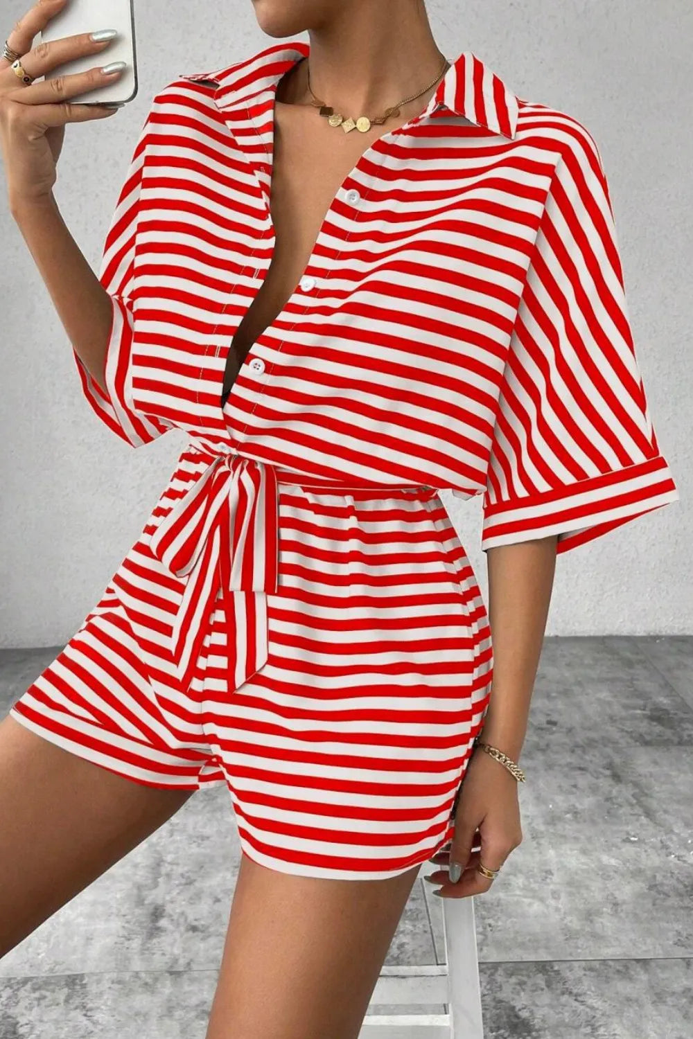 Striped Collared Neck Tie Waist Romper-Krush Kandy, Women's Online Fashion Boutique Located in Phoenix, Arizona (Scottsdale Area)