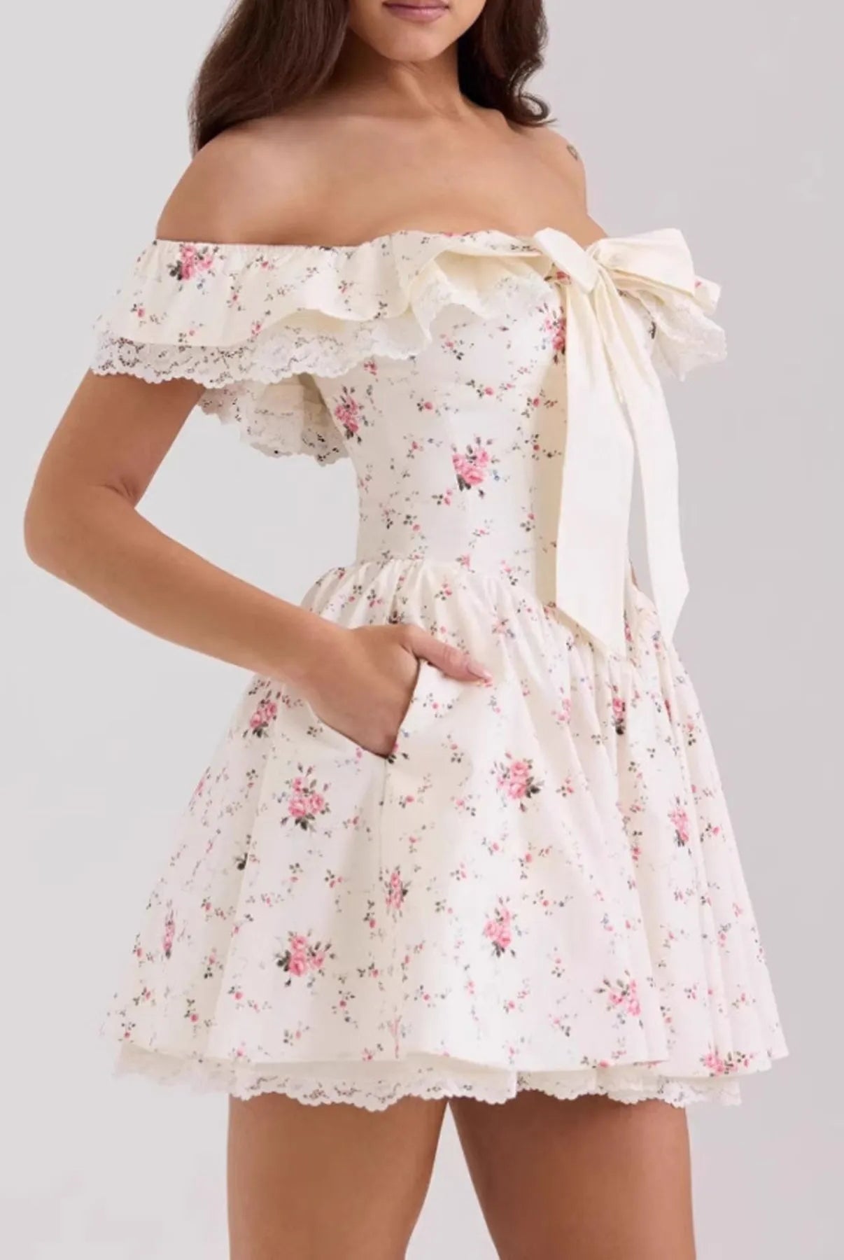 Off-Shoulder Floral Lace Trim Mini Dress-Dresses-Krush Kandy, Women's Online Fashion Boutique Located in Phoenix, Arizona (Scottsdale Area)