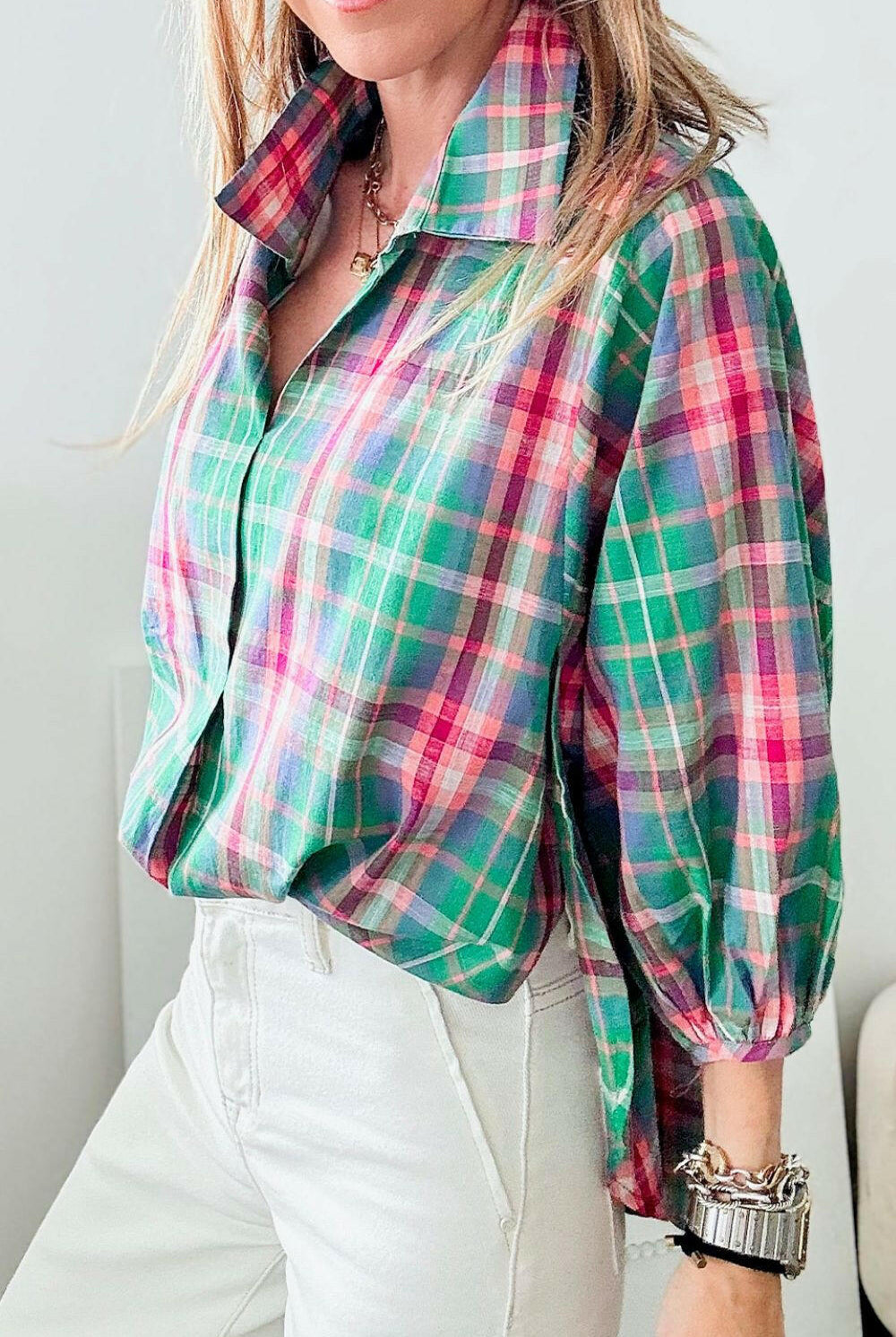 Pastel Plaid Button-Up Blouse-Blouses-Krush Kandy, Women's Online Fashion Boutique Located in Phoenix, Arizona (Scottsdale Area)