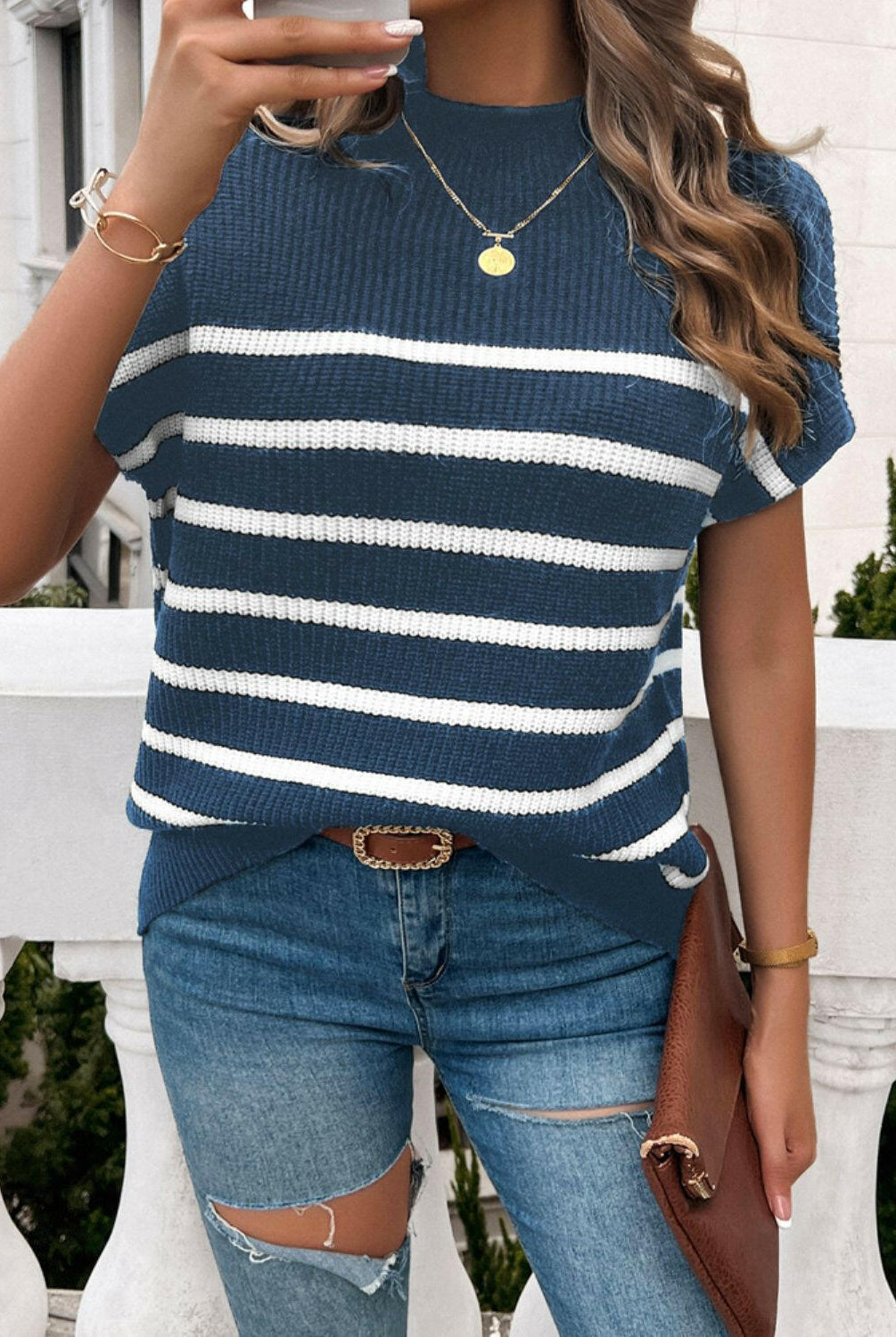 Between the Lines Striped Mock Neck Short Sleeve Sweater-Tops-Krush Kandy, Women's Online Fashion Boutique Located in Phoenix, Arizona (Scottsdale Area)