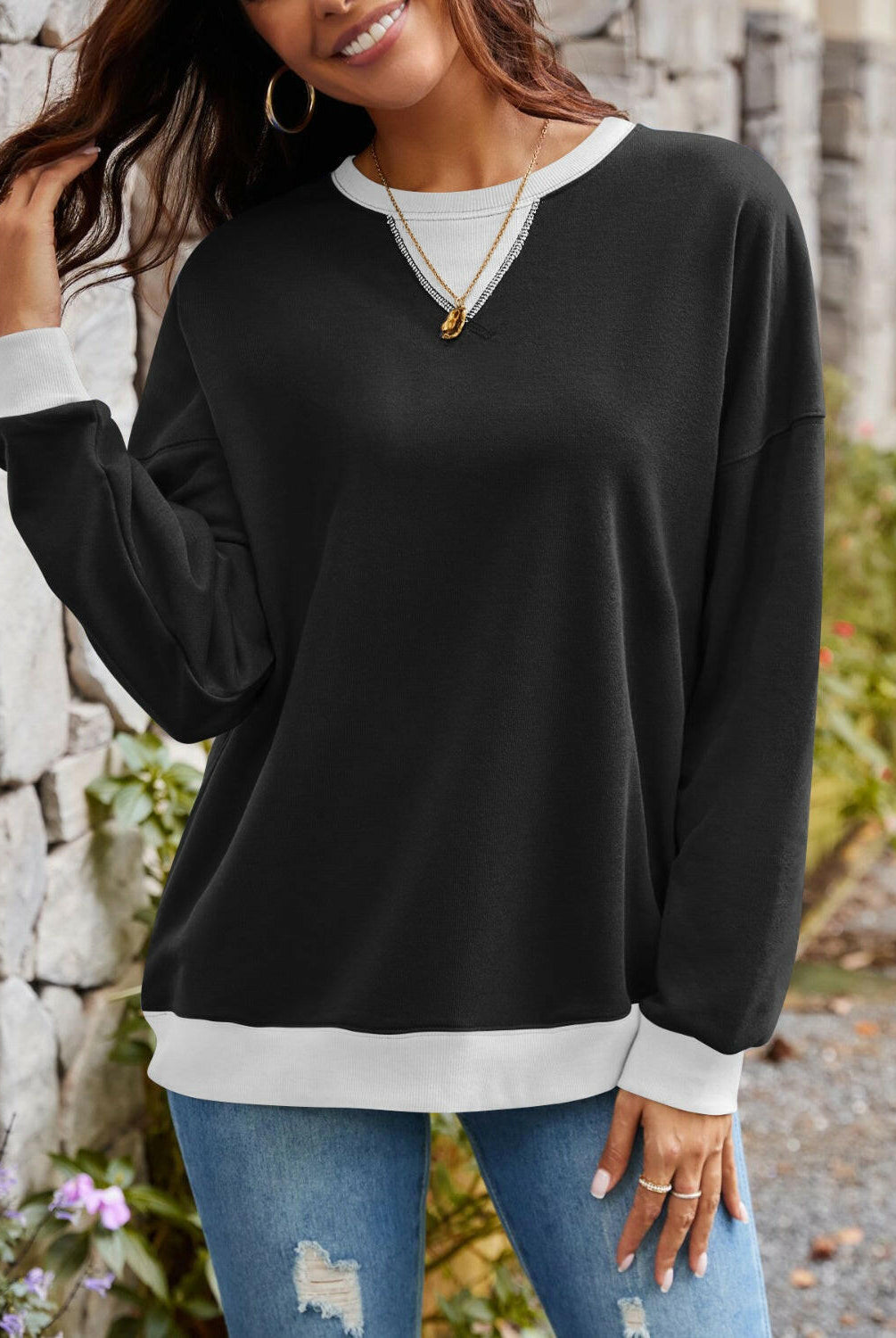 Lovelet Contrast Round Neck Long Sleeve Sweatshirt-Krush Kandy, Women's Online Fashion Boutique Located in Phoenix, Arizona (Scottsdale Area)