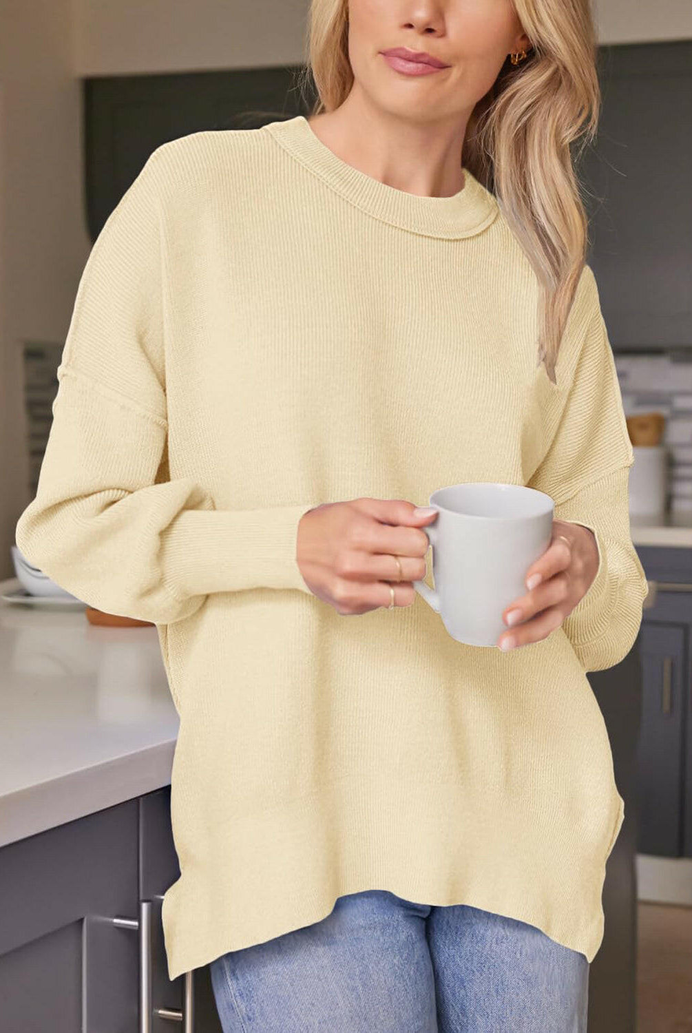 Slit Round Neck Dropped Shoulder Sweater-Krush Kandy, Women's Online Fashion Boutique Located in Phoenix, Arizona (Scottsdale Area)