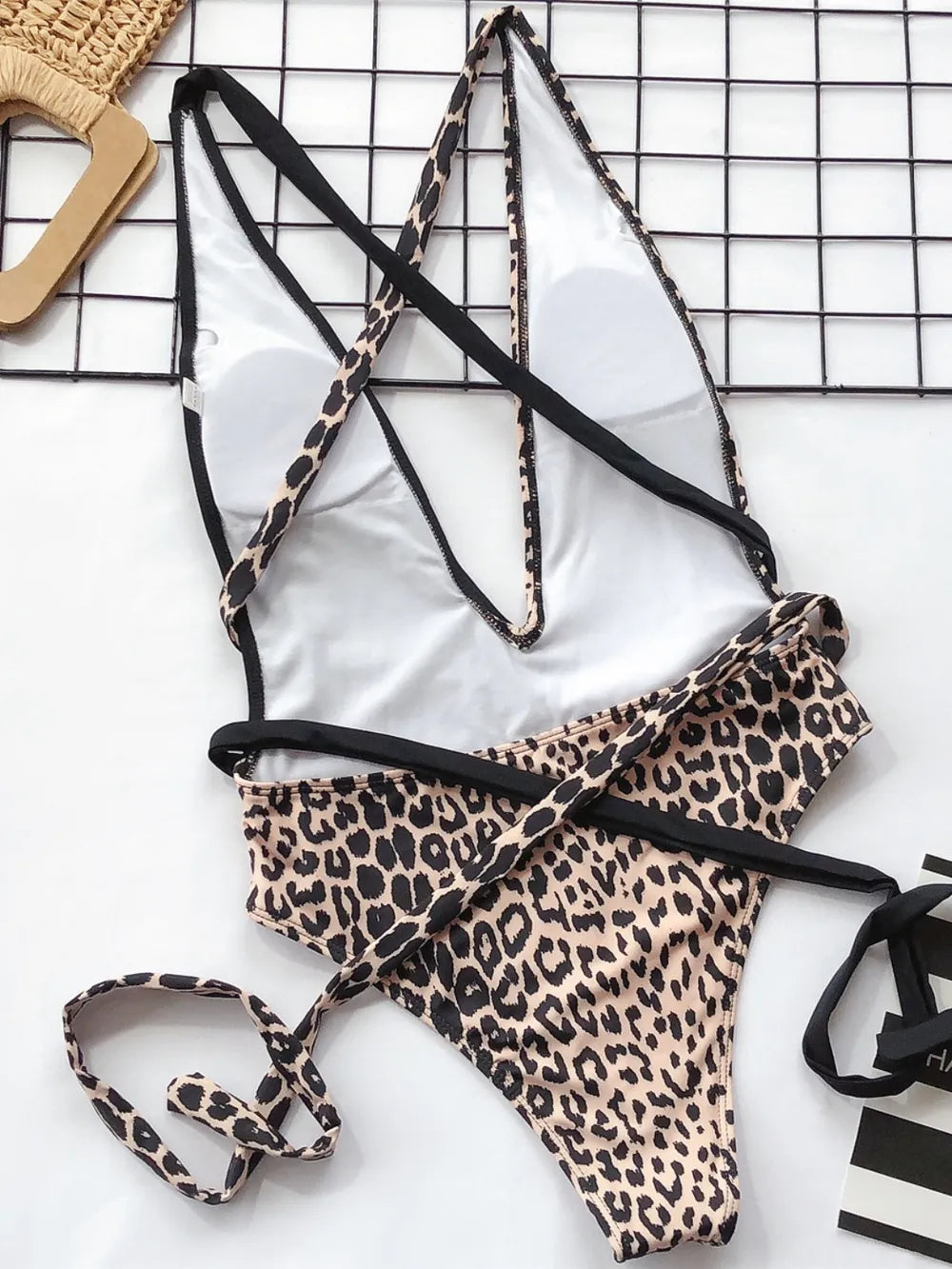Tied Leopard Plunge One-Piece Swimwear-Swimwear-Krush Kandy, Women's Online Fashion Boutique Located in Phoenix, Arizona (Scottsdale Area)