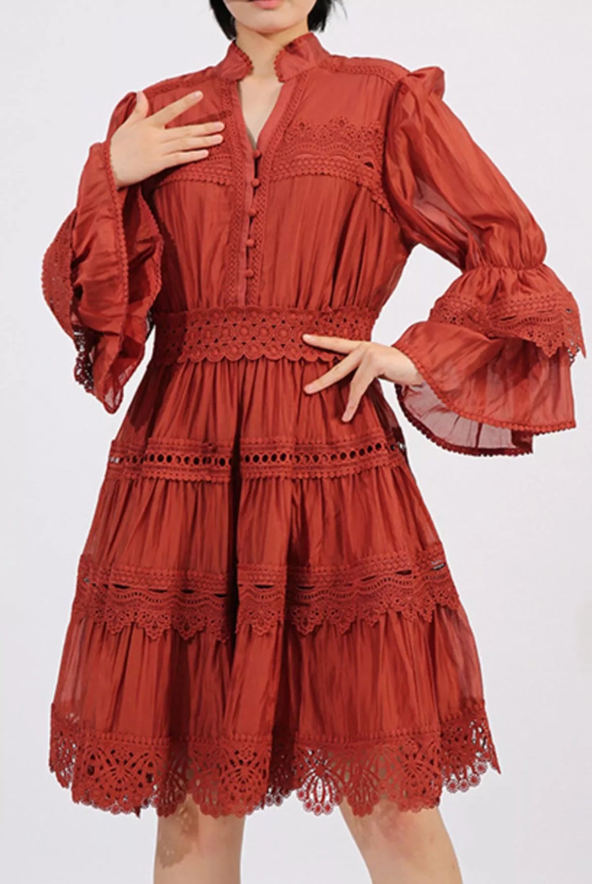 Ruffle Lace Trim Long Sleeve Dress-Dresses-Krush Kandy, Women's Online Fashion Boutique Located in Phoenix, Arizona (Scottsdale Area)