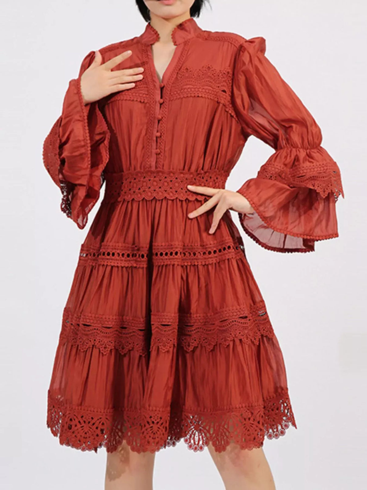Ruffle Lace Trim Long Sleeve Dress-Dresses-Krush Kandy, Women's Online Fashion Boutique Located in Phoenix, Arizona (Scottsdale Area)