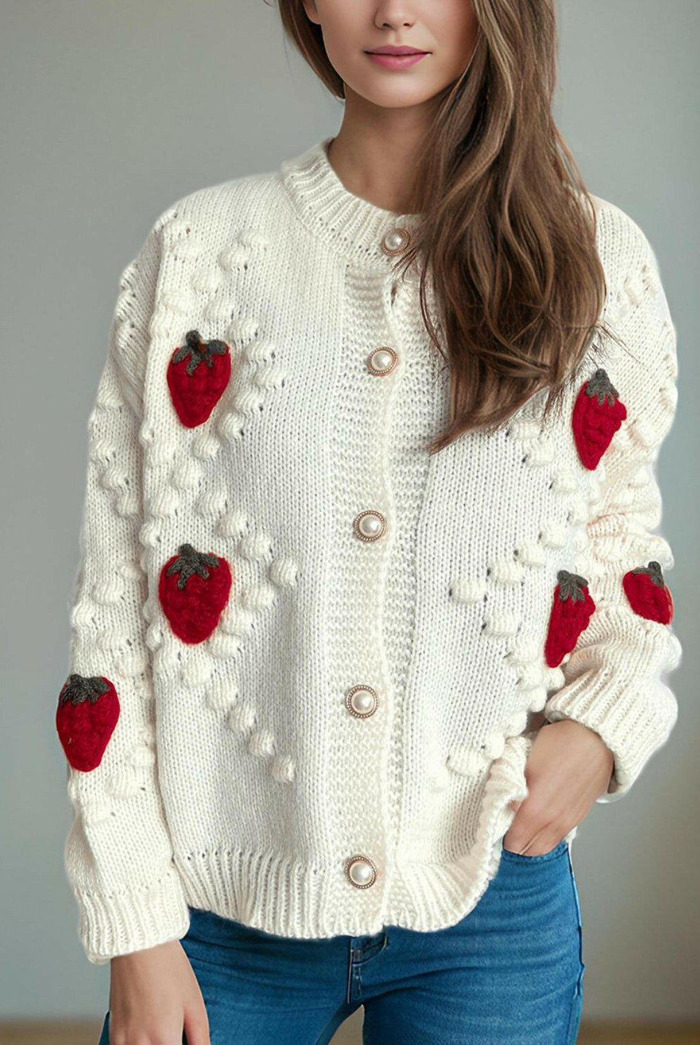 Strawberry Button Down Long Sleeve Cardigan-Cardigans-Krush Kandy, Women's Online Fashion Boutique Located in Phoenix, Arizona (Scottsdale Area)