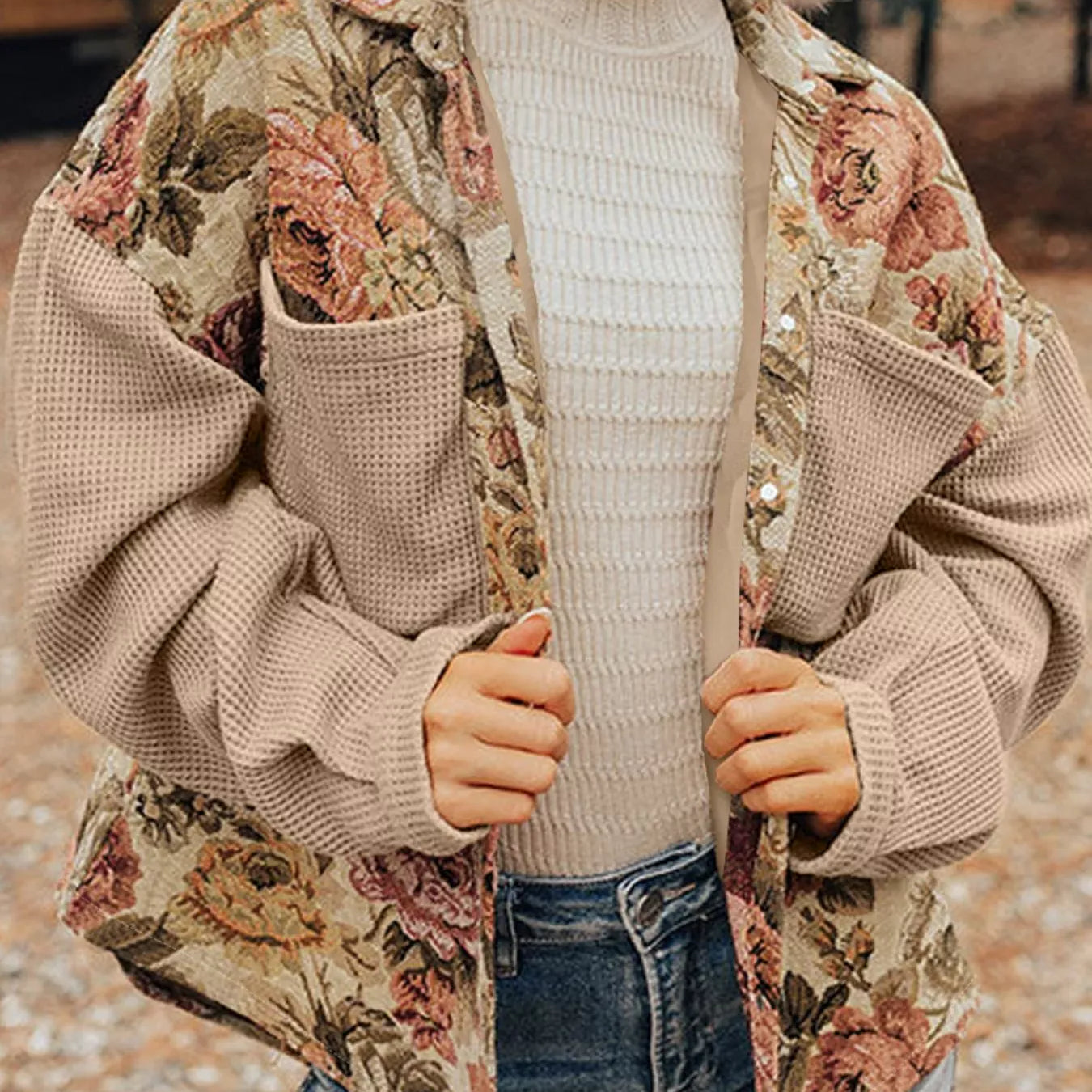 Floral Waffle Knit Patchwork Chest Pockets Buttoned Jacket-Jacket-Krush Kandy, Women's Online Fashion Boutique Located in Phoenix, Arizona (Scottsdale Area)