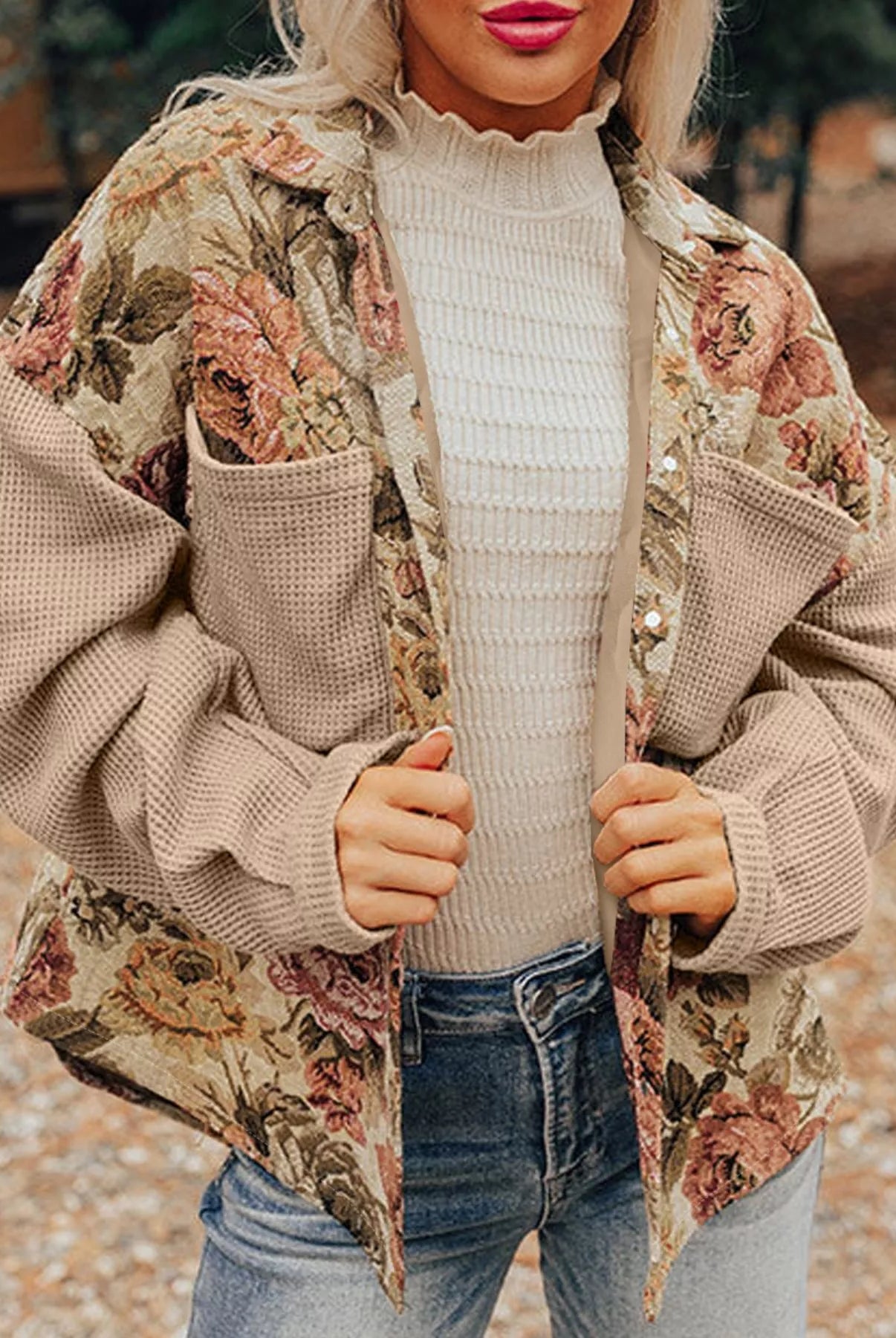 Floral Waffle Knit Patchwork Chest Pockets Buttoned Jacket-Jacket-Krush Kandy, Women's Online Fashion Boutique Located in Phoenix, Arizona (Scottsdale Area)