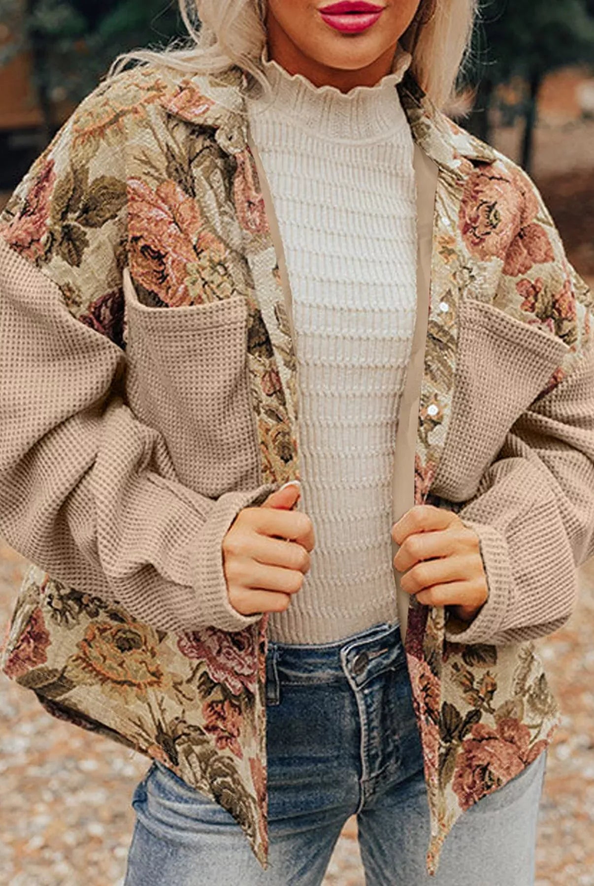 Floral Waffle Knit Patchwork Chest Pockets Buttoned Jacket-Jacket-Krush Kandy, Women's Online Fashion Boutique Located in Phoenix, Arizona (Scottsdale Area)