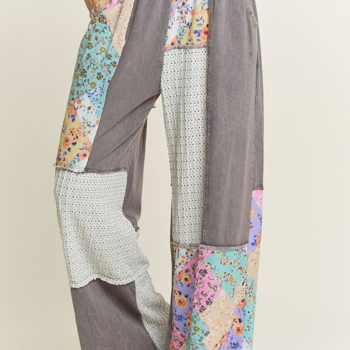 Mineral Washed Floral Knit Jacquard Boho Pants
