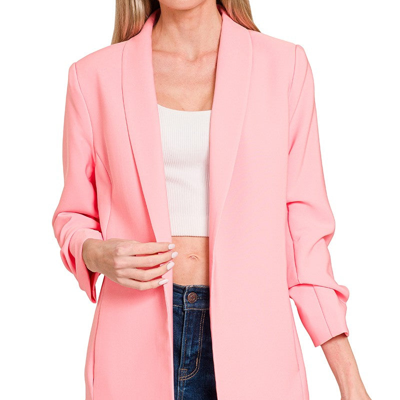 Woven 3/4 Ruched Sleeve Open Front Classic Blazer