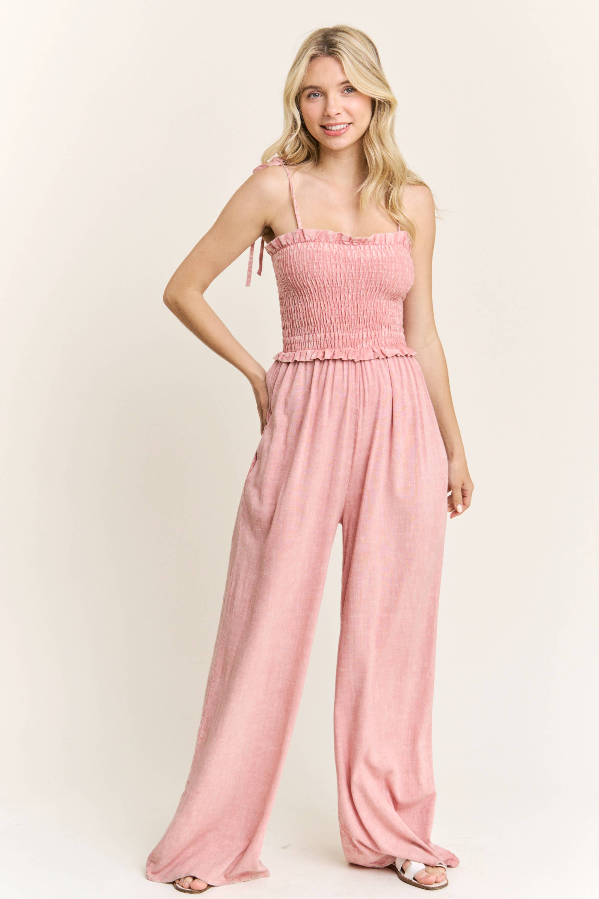 Mineral Wash Smocked Adjustable Jumpsuit-Jumpsuits & Rompers-Krush Kandy, Women's Online Fashion Boutique Located in Phoenix, Arizona (Scottsdale Area)