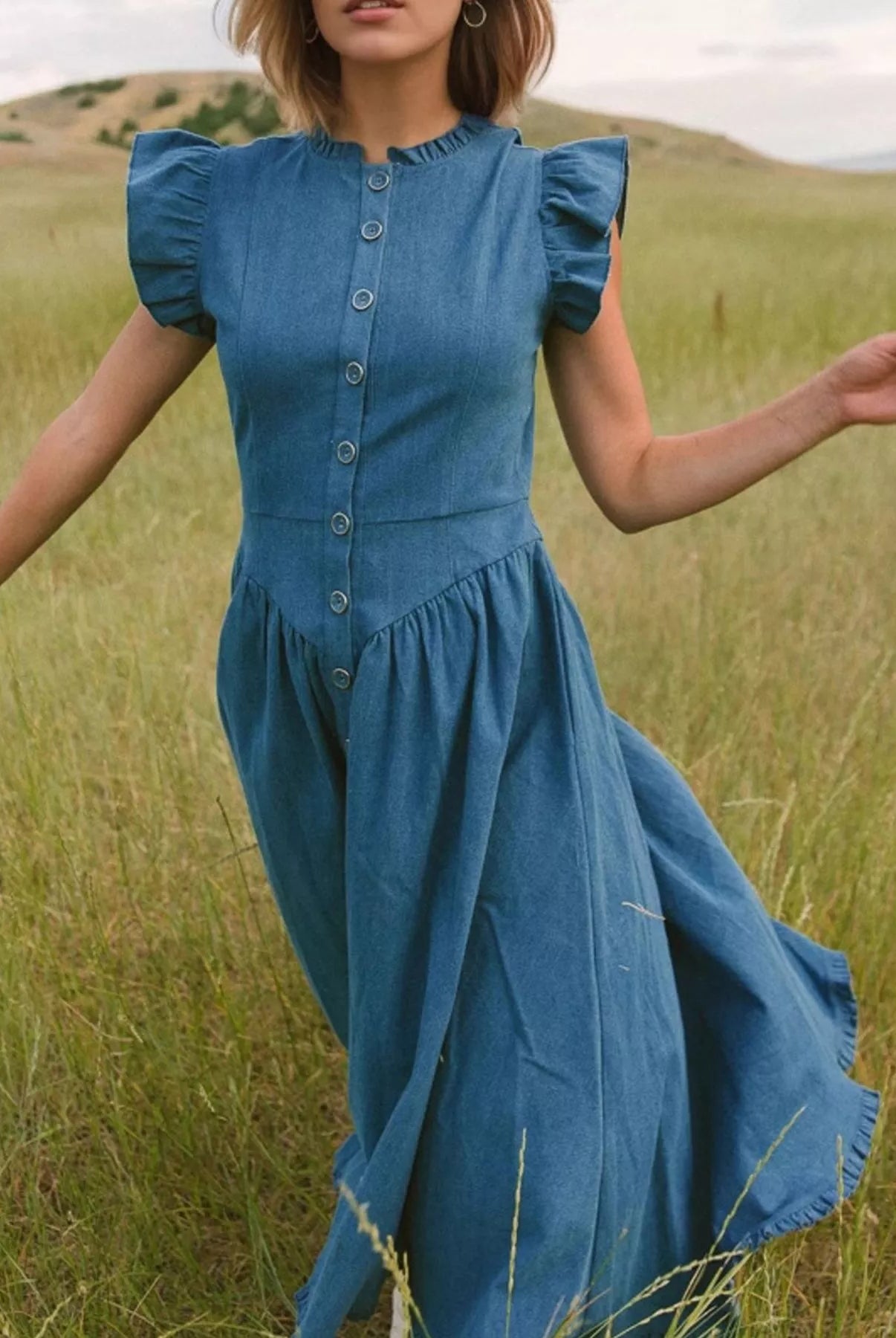 Ruffled Cap Sleeve Denim Dress-Dresses-Krush Kandy, Women's Online Fashion Boutique Located in Phoenix, Arizona (Scottsdale Area)