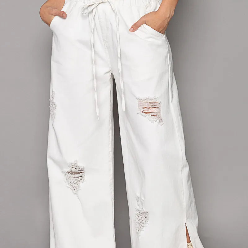 POL Distressed Drawstring Slit Wide leg Pants-Pants-Krush Kandy, Women's Online Fashion Boutique Located in Phoenix, Arizona (Scottsdale Area)