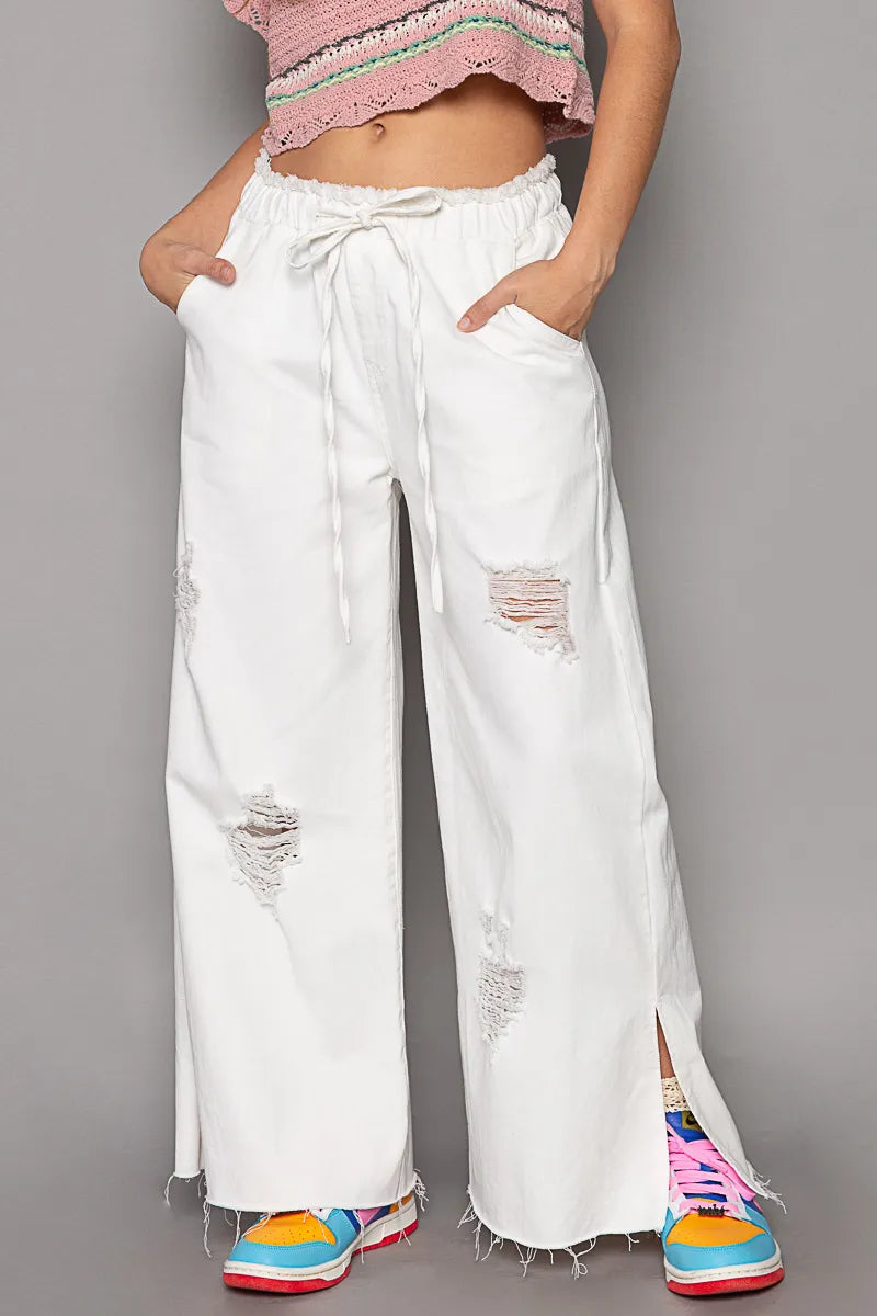 POL Distressed Drawstring Slit Wide leg Pants-Pants-Krush Kandy, Women's Online Fashion Boutique Located in Phoenix, Arizona (Scottsdale Area)