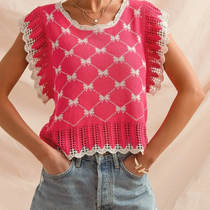 SO ME Bow Ribbon Pattern Sweater Top with Back Key Hole-Blouses-Krush Kandy, Women's Online Fashion Boutique Located in Phoenix, Arizona (Scottsdale Area)