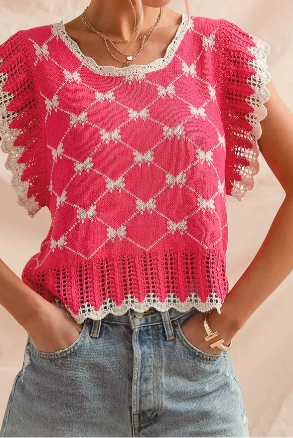 SO ME Bow Ribbon Pattern Sweater Top with Back Key Hole-Blouses-Krush Kandy, Women's Online Fashion Boutique Located in Phoenix, Arizona (Scottsdale Area)