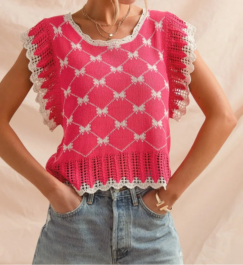 SO ME Bow Ribbon Pattern Sweater Top with Back Key Hole-Blouses-Krush Kandy, Women's Online Fashion Boutique Located in Phoenix, Arizona (Scottsdale Area)