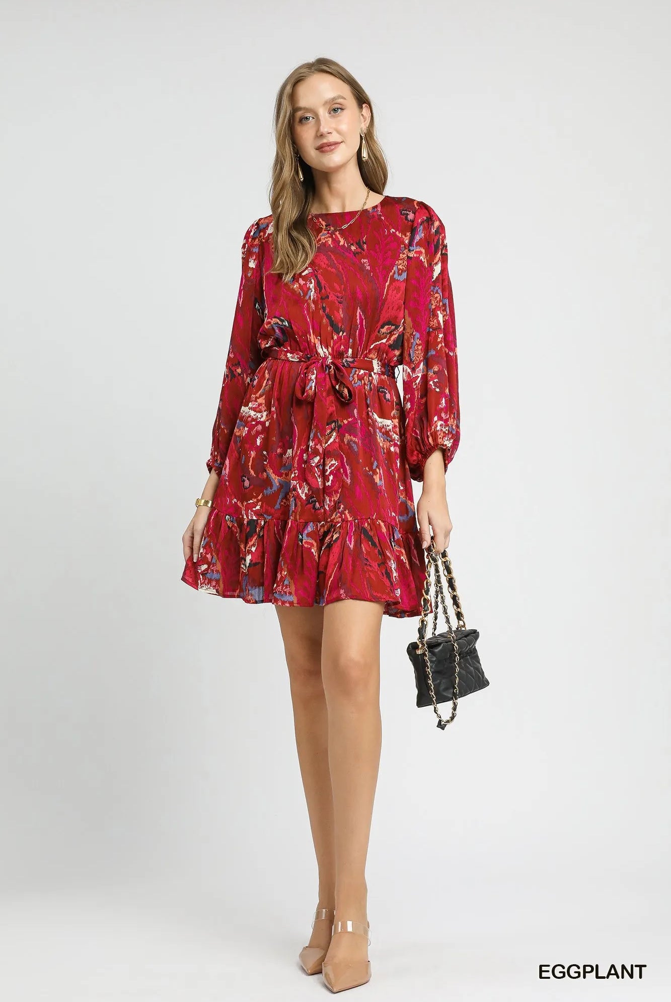 Umgee Ruffled Hem Printed Balloon Sleeve Dress-Dresses-Krush Kandy, Women's Online Fashion Boutique Located in Phoenix, Arizona (Scottsdale Area)
