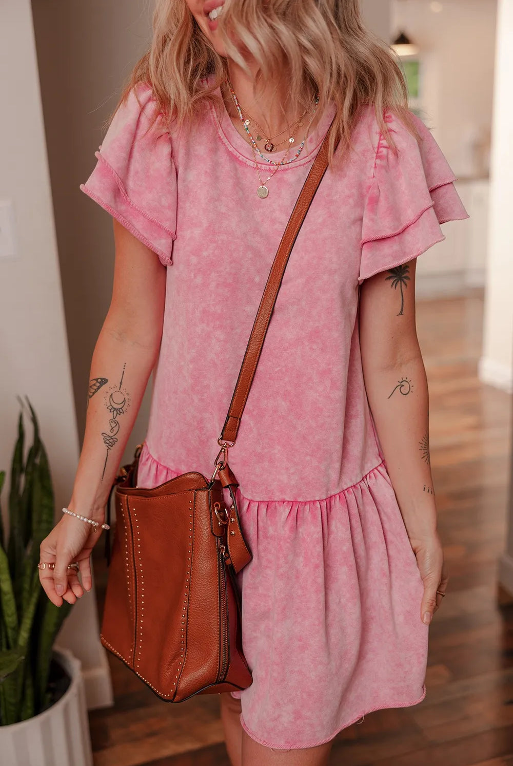 Mineral Wash Raw Edge Ruffle Mini Dress-Dresses-Krush Kandy, Women's Online Fashion Boutique Located in Phoenix, Arizona (Scottsdale Area)