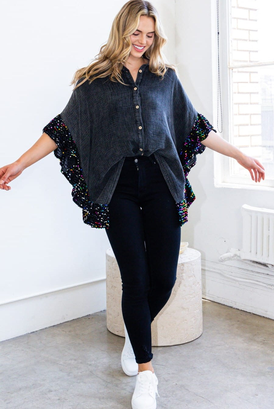 Washed Button Up Oversized Blouse with Sequin Ruffle Sleeves-Tops-Krush Kandy, Women's Online Fashion Boutique Located in Phoenix, Arizona (Scottsdale Area)