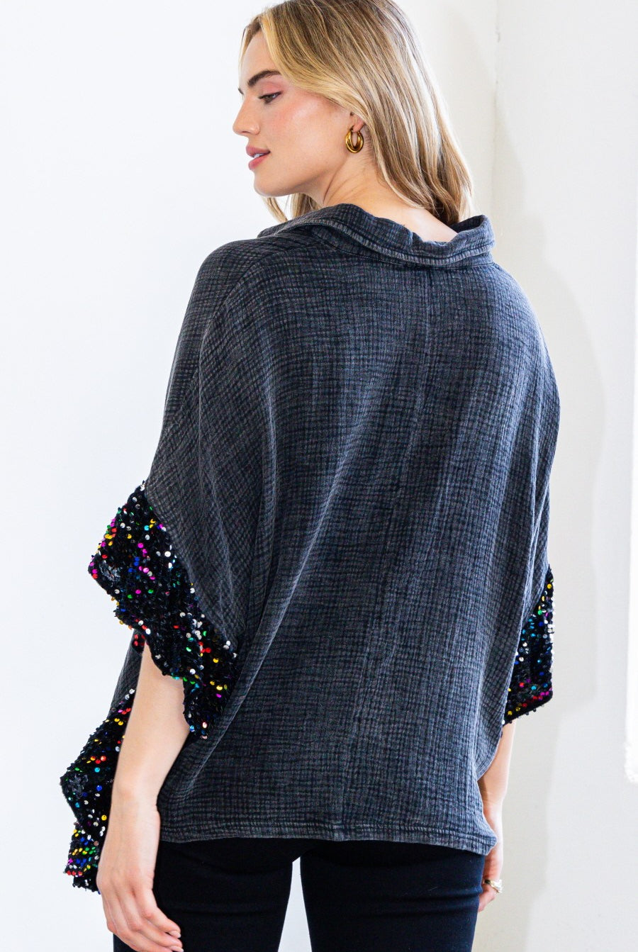 Washed Button Up Oversized Blouse with Sequin Ruffle Sleeves-Tops-Krush Kandy, Women's Online Fashion Boutique Located in Phoenix, Arizona (Scottsdale Area)