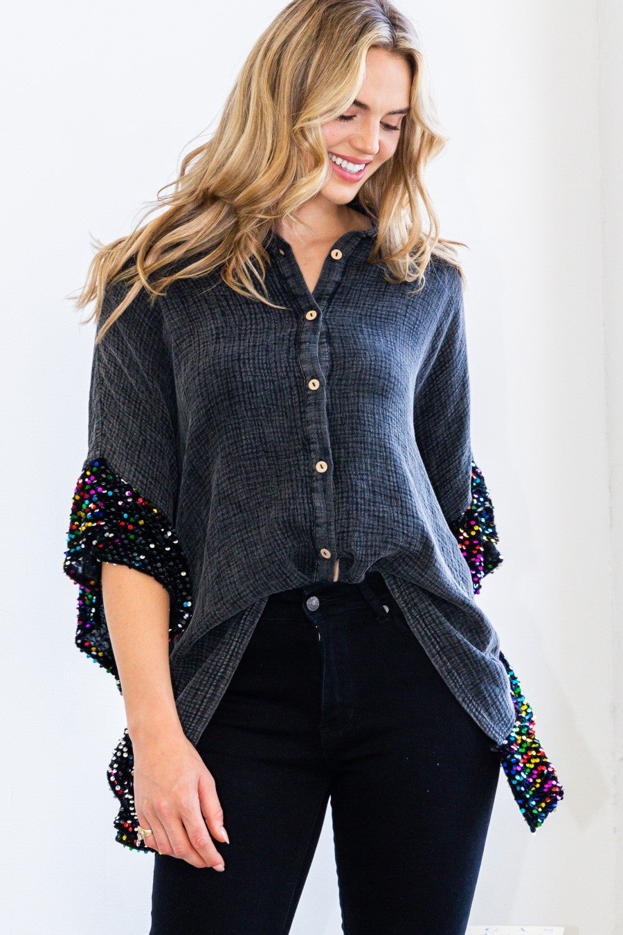 Washed Button Up Oversized Blouse with Sequin Ruffle Sleeves-Tops-Krush Kandy, Women's Online Fashion Boutique Located in Phoenix, Arizona (Scottsdale Area)