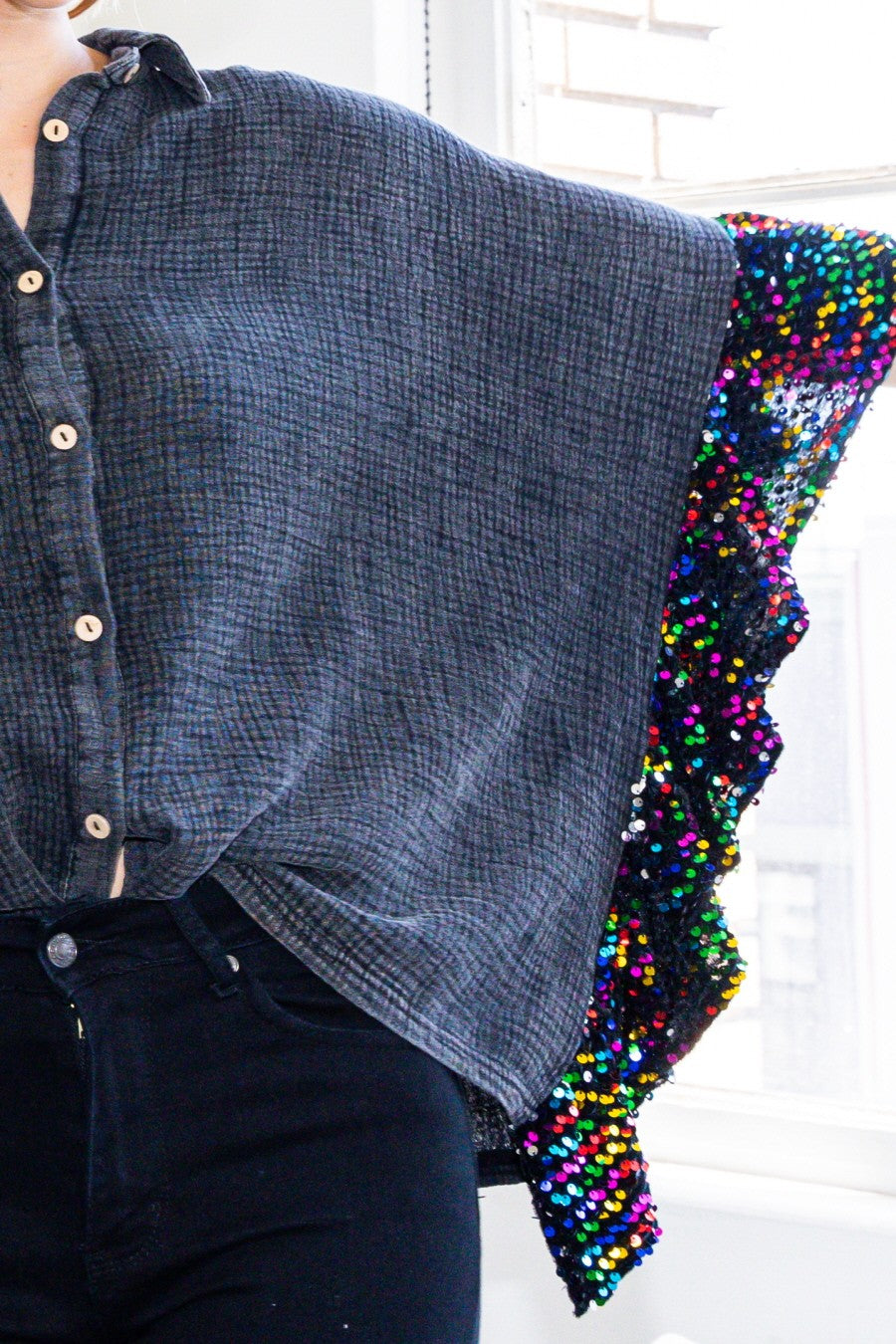 Washed Button Up Oversized Blouse with Sequin Ruffle Sleeves-Tops-Krush Kandy, Women's Online Fashion Boutique Located in Phoenix, Arizona (Scottsdale Area)