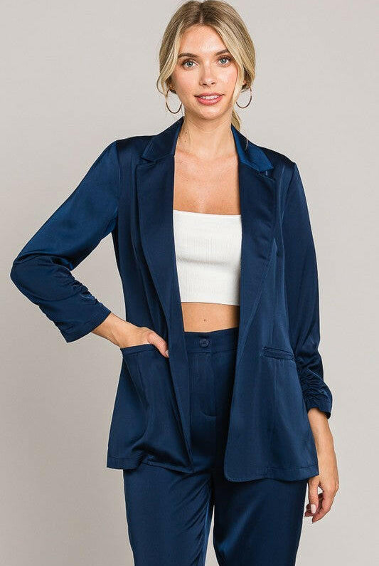 Satin Ruched Cuff Blazer Jacket-Blazers-Krush Kandy, Women's Online Fashion Boutique Located in Phoenix, Arizona (Scottsdale Area)