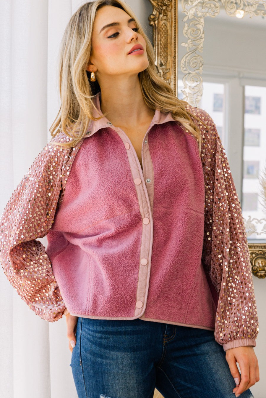 Pink Fleece Jacket with Sequin Long Sleeves & Snap Button Closure-Jackets-Krush Kandy, Women's Online Fashion Boutique Located in Phoenix, Arizona (Scottsdale Area)
