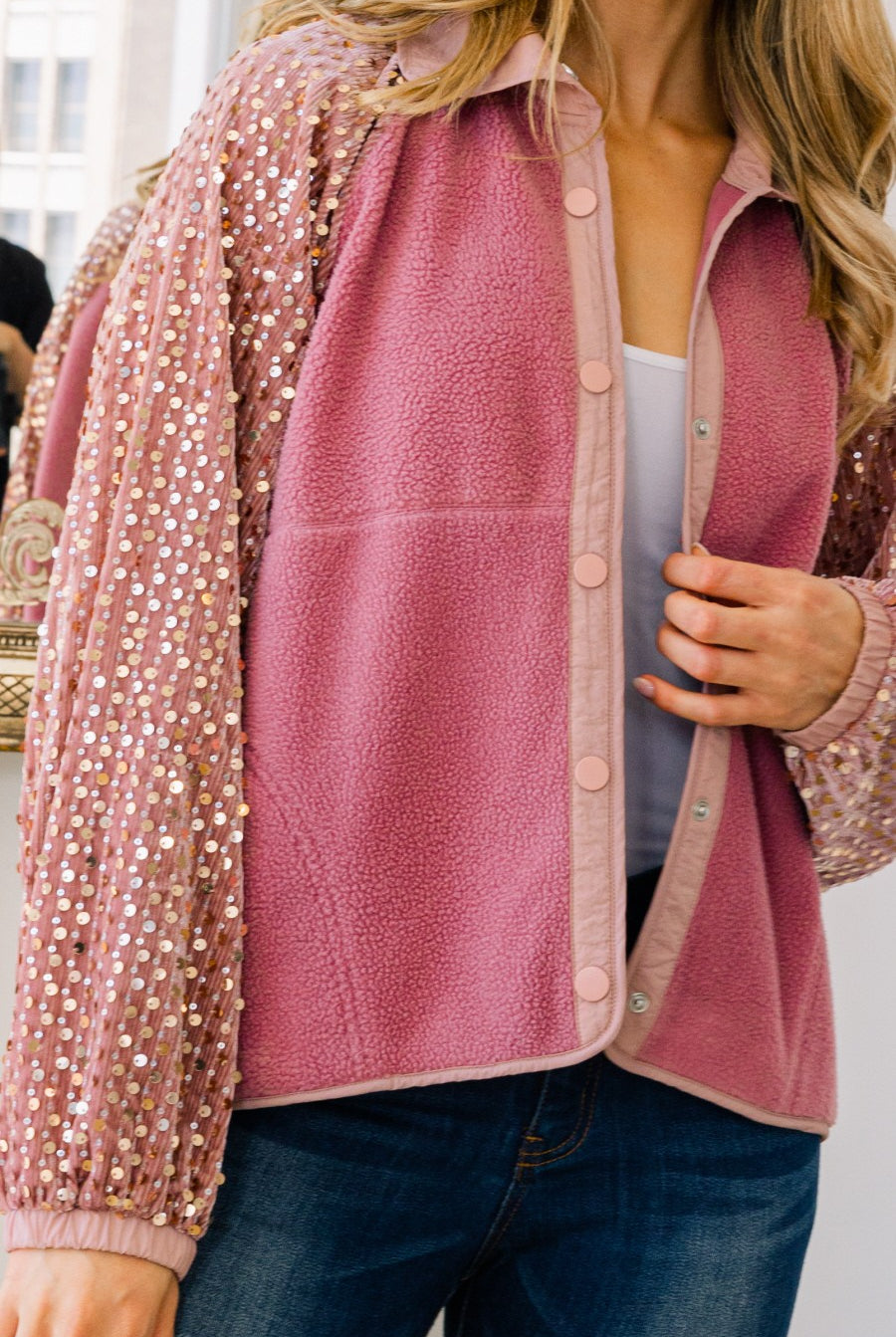 Pink Fleece Jacket with Sequin Long Sleeves & Snap Button Closure-Jackets-Krush Kandy, Women's Online Fashion Boutique Located in Phoenix, Arizona (Scottsdale Area)