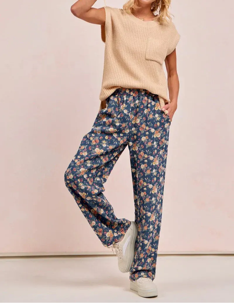 BiBi Washed Floral Print Wide Leg Jeans-Jeans-Krush Kandy, Women's Online Fashion Boutique Located in Phoenix, Arizona (Scottsdale Area)