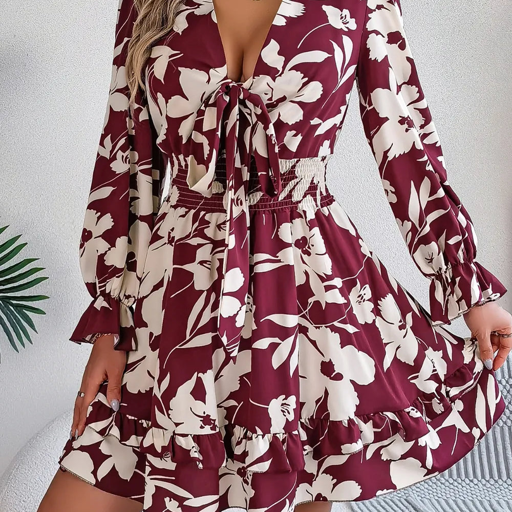Tied Ruffled Printed Long Sleeve Dress-Krush Kandy, Women's Online Fashion Boutique Located in Phoenix, Arizona (Scottsdale Area)