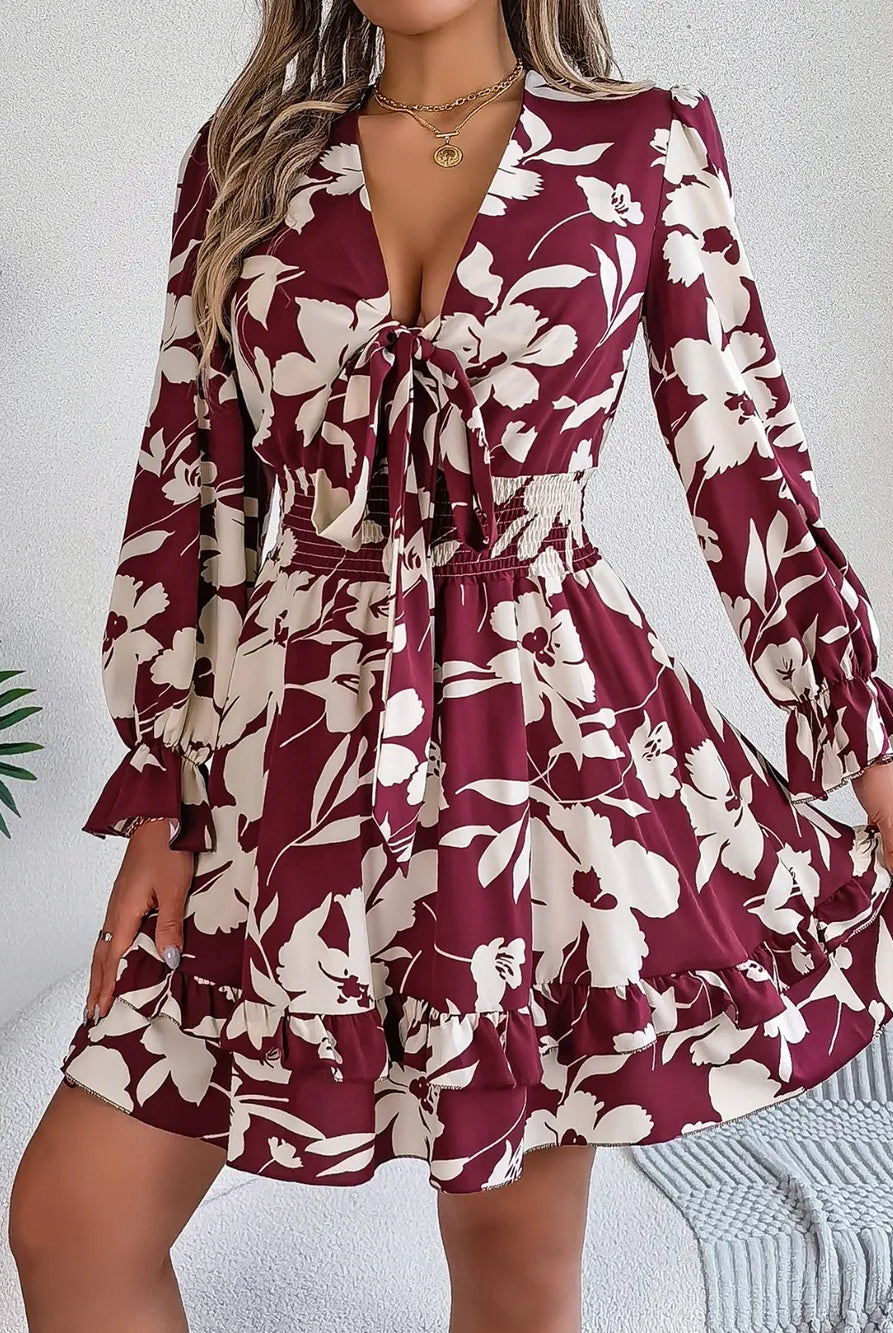 Tied Ruffled Printed Long Sleeve Dress-Krush Kandy, Women's Online Fashion Boutique Located in Phoenix, Arizona (Scottsdale Area)