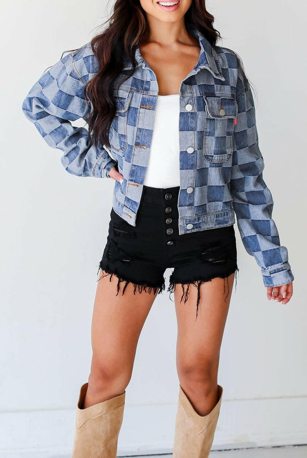 Checkered Denim Jacket (2 Colors)-Jackets-Krush Kandy, Women's Online Fashion Boutique Located in Phoenix, Arizona (Scottsdale Area)